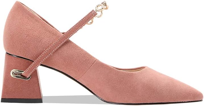 TinaCus Women's Suede Leather Handmade Comfortable Mid Chunky Heel Pointed Toe Graceful Mary Jane Pump Shoes with Buckle (Light Pink, US6.5) - Image 2
