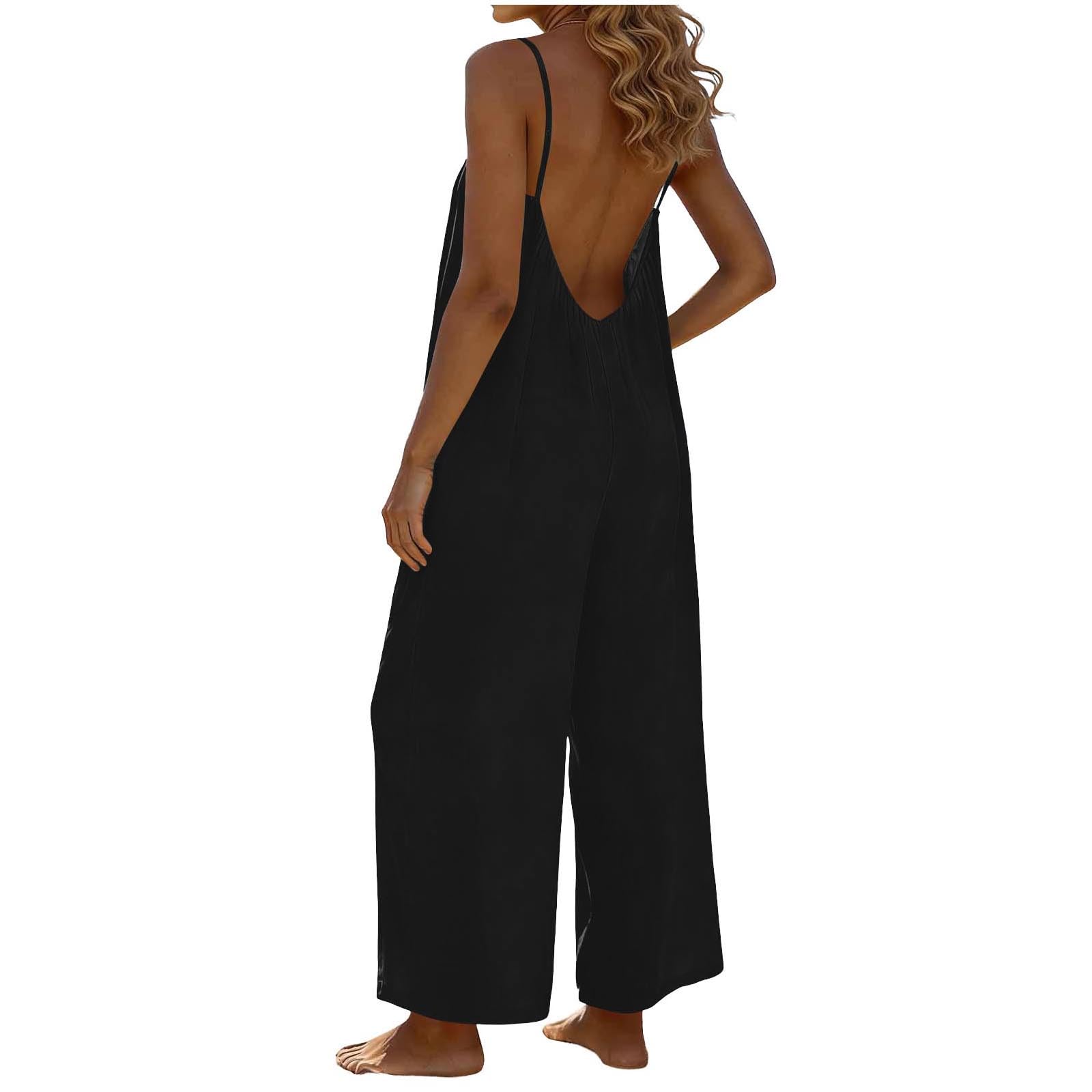 RLEHJN Jumpsuit Damen Sommer,Ärmellos Overall Lang Casual Hosenanzug Sexy V-Ausschnitt Spaghettiträger Romper Loose Fit Playsuit Elegant Einteiler Weites Bein Latzhose Freizeithose mit Taschen