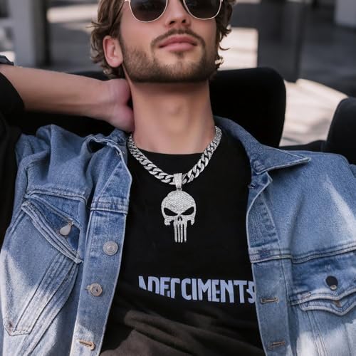Cool Skull Necklace for Men Women, Halloween Necklace, Iced Out Cuban Chain Diamonds with Bling Skulls Pendant, Chunky Cubic Link Chains Necklaces, Unique Large Hip Hop Rhinestone Gifts, Mens Big Gold Plated Cosplay Costume Punk Gothic Goth Jewelry2