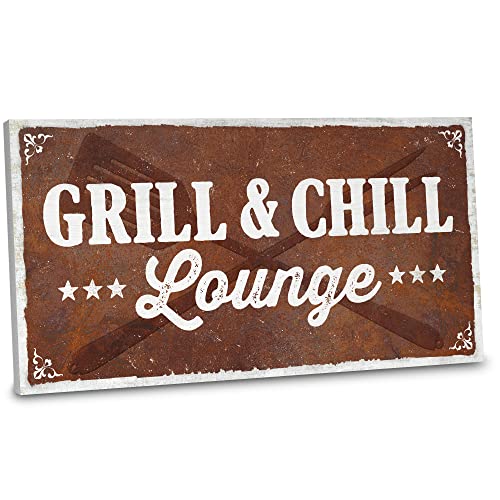 ARTFAVES® Gartenschild - Grill & Chill Lounge | Shabby Chic Vintage Gartendeko, Schild mit Spruch zum Thema Garten/Grillen/Rost Optik | Größe: 30 x 15 cm