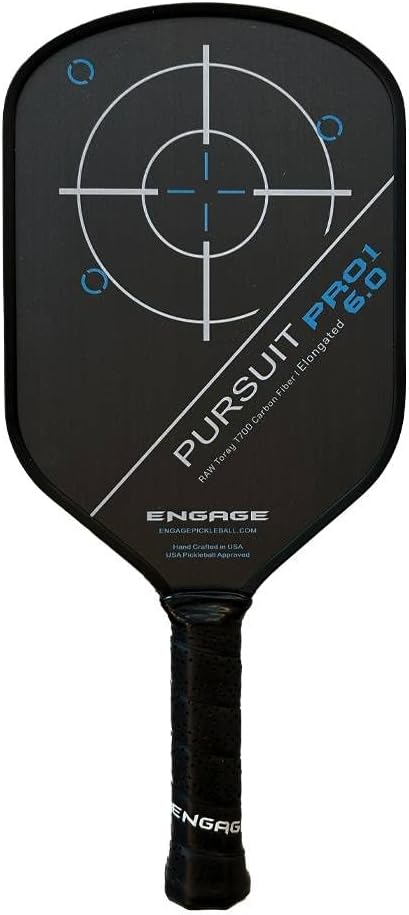Engage Pursuit Pro1 6.0 Elongated Carbon Fiber Pickleball Paddle - 8.0 oz, 16mm MachPro Core, T700 Carbon Fiber, Made in USA (Carbon-Sky, Elongated)