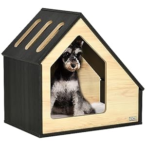 PawHut Caseta de Madera para Perros Casa para Perros con Cojín Desenfundable Lavable y 3 Ventilaciones para Uso Interior 60x40x59,2 cm Roble y Marrón Oscuro
