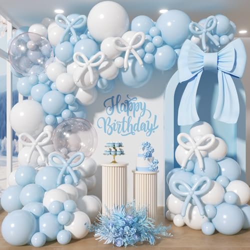 Image of 200Pcs Blue and White Balloon Garland Arch Kit - Light Blue White Balloons 18 12 10 5 Inch Different Size Balloons for Birthday Baby Shower Bachelorette Gender Reveal Party Decoration Supplies