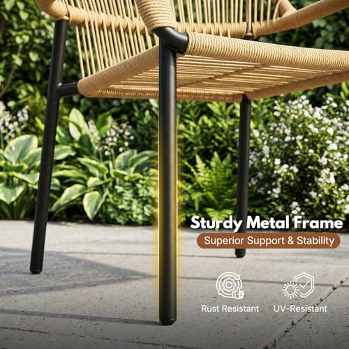 Image of DEVOKO Outdoor 3 Piece Beige Rope Patio Balcony Conversation Set for All Weather Comfort Breathable & Weather Resistant Metal Frame for Garden, Pool, Porch, Deck