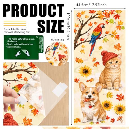 Image of Nuxovilar Fall Window Cling 17.7 x 39.4 in, White Frosted Corgi Cat | White frosted PVC helps obscure views for added privacy, with a corgi, kitten, parrot, sunflowers and colorful autumn leaves.