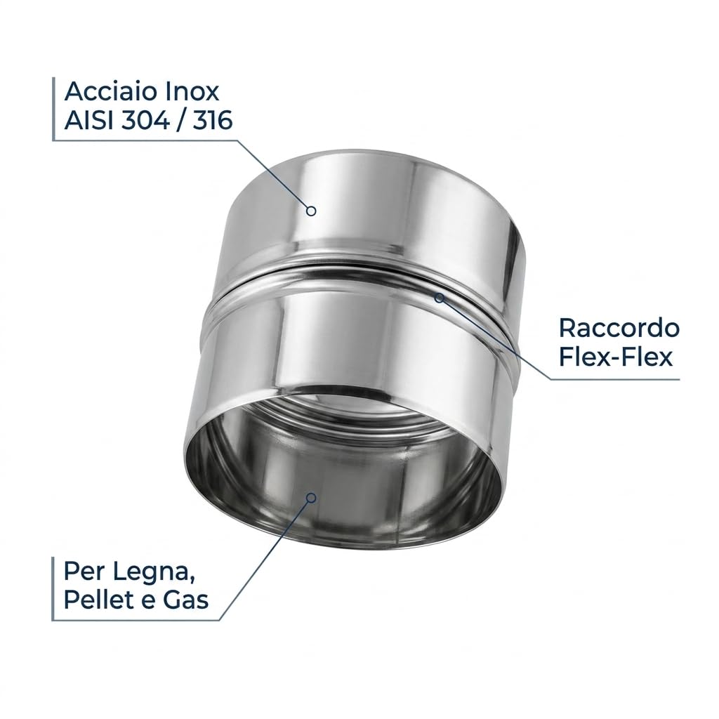 MAKA Raccordo Flex-Flex per Canna Fumaria in Acciaio Inox, Giunzione tra Due Tubi Flessibili Monoparete (Ø 300 mm, AISI 316)