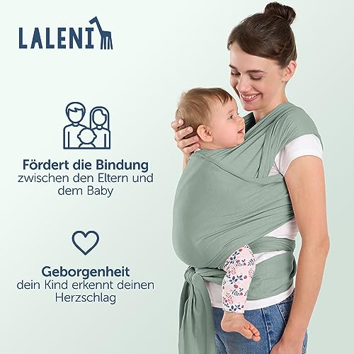 Laleni Tragetuch Baby neugeboren bis 15 kg aus weicher Baumwolle - Babytrage Neugeborene ab Geburt - OEKO-TEX zertifiziertes Tragetuch Kleinkind - Wickeltuch Baby mit 5,10 m Länge - Babytuch in Grün