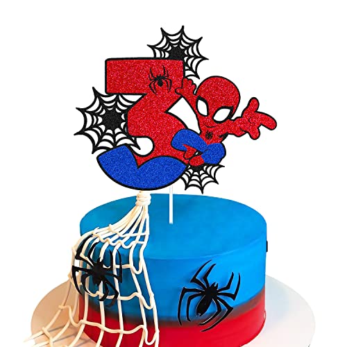 Spider 3Rd Birthday Cake Topper Spider Cartoon Movie Themed Happy 3S Birthday Cake Decorations For Men Boy Children Three Bday Party Supplies Double Sided Glitter Black Décor #TOP5