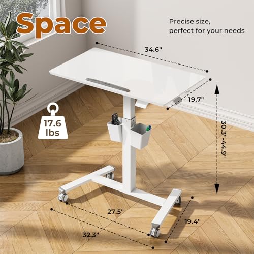 Image of 35 inch Glass Mobile Standing Desk with 90 Tilt, Rolling Whiteboard on Wheels | Height Adjustable Portable Drafting Table with Storage, Small Foldable Laptop Desk for School Home Office, White