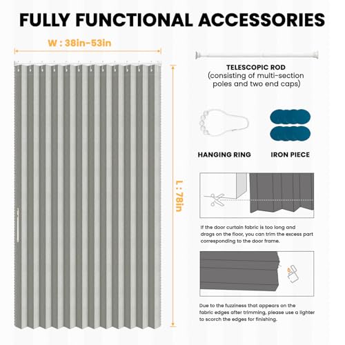 Image of AJAZZ Blackout Accordion Door with Curtain Rods Adjustable 28-52 inch Long Closet Door Curtain Invisible Applicable Bedroom Room Living Room Doorway (1 Pack, 53 W x 78 L, Grey)