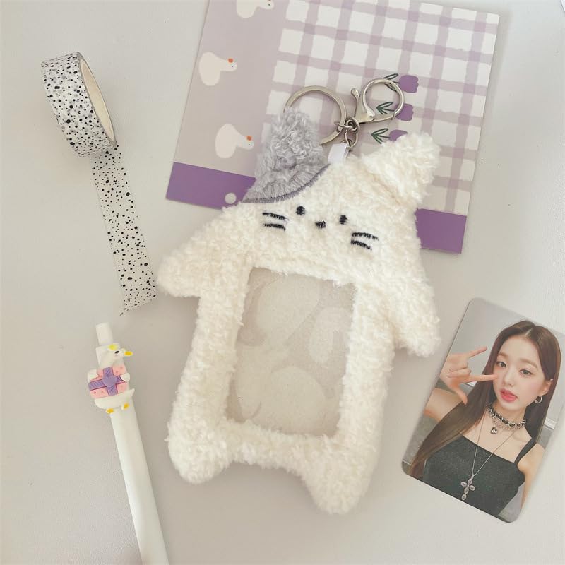 Yjemle White Cartoon Plush Cat Photocard Holder with Keychain Pendant, Kawaii Cat Cute Card Sleeve - Image 4