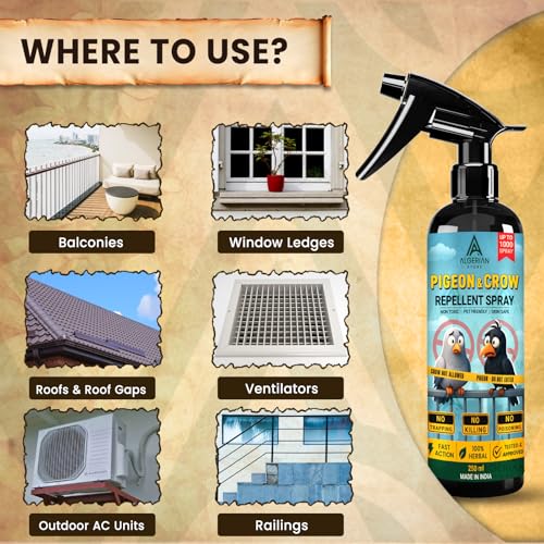 Image of Herbal Pigeon & Crow Repellent Spray | Better Than Anti Pigeon Spikes | Pigeon repellent spray,Herbal bird repellent | No killing | Fast Action Bird Control for Balcony, Window, Terrace & Garden(200 ml)