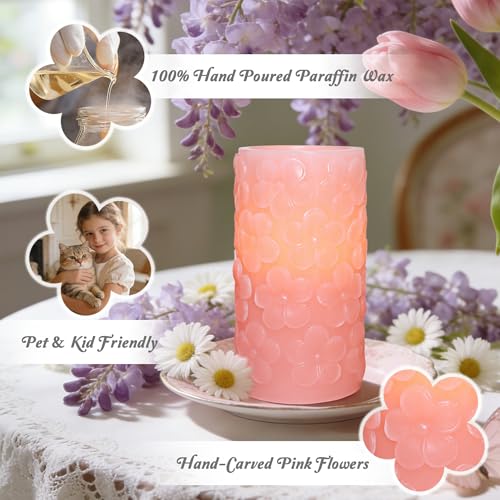 Image of Pink Flower Flameless Candle with 6H Timer, Pink Flower Carving Craftsmanship LED Battery Operated Candle, Modern Home Christmas Party Valentine's Day Decor