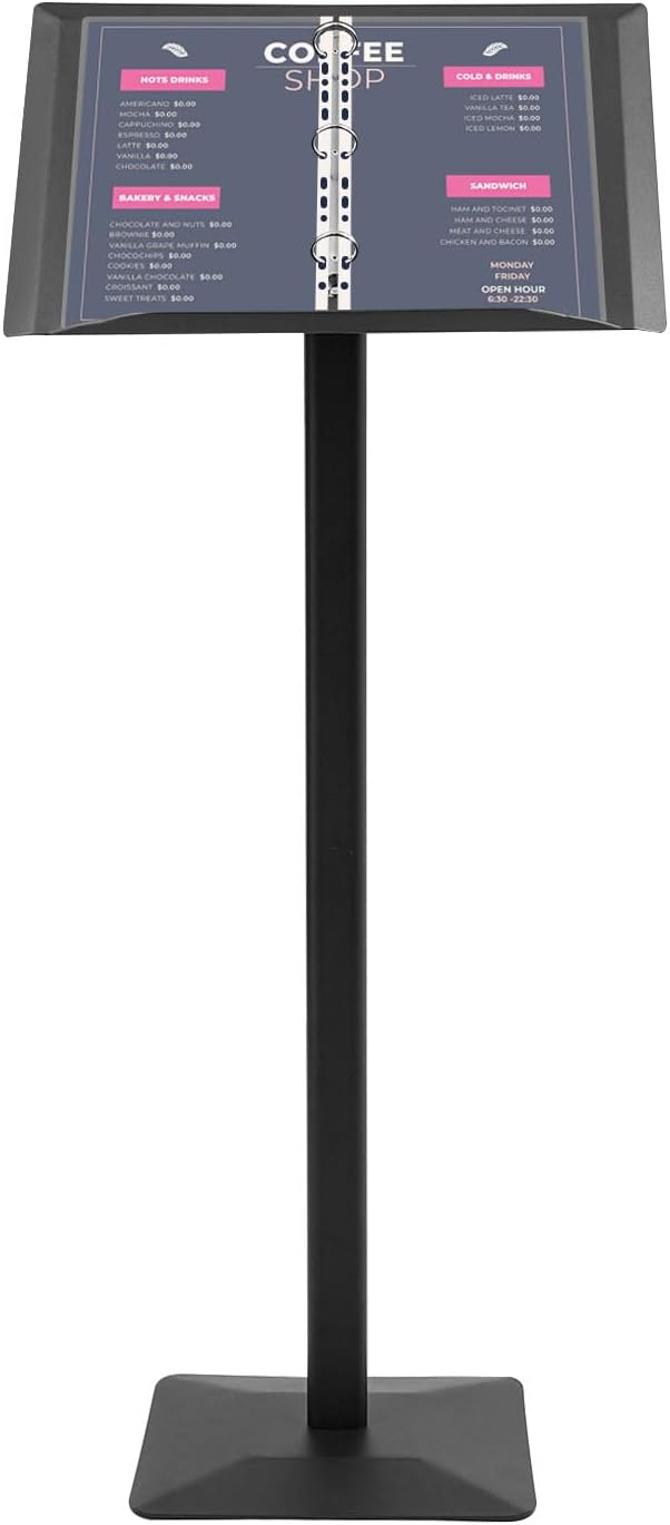Menu Stand, 19.29" x 13.78" Metal Sign Holder with Binder, Freestanding Menu Holder Stand for Restaurants Coffee Shops Flower Shops Offices (Black)