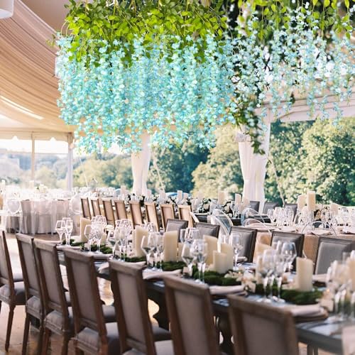 Image of SATYAM KRAFT 6 Pcs (43.2 inch) Artificial Wisteria Vine Garland | Long Silk Hanging Flowers String for Wedding Decoration Items, Mandap, Christmas Party, Festival Event & Home Decor (Sky Blue)