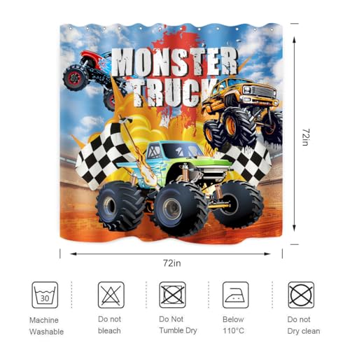 Image of Monster Truck Shower Curtain Cool Cartoon Racing Car Boy Home Bathroom Decor Waterproof Fabric 72Lx72W Inch with Plastic 12PCS Hooks