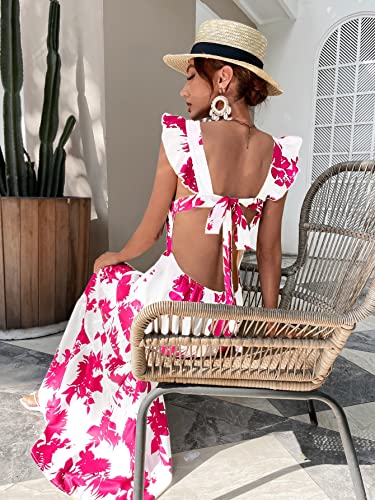 Image of Floerns Women's Tropical Floral Plunging V Neck Tie Open Back Summer Short Dress