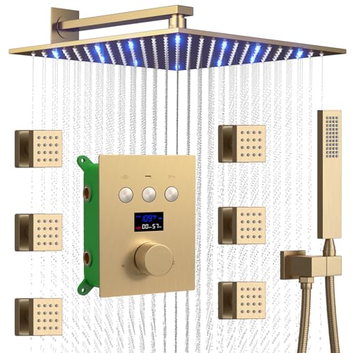 Thermostatic-Shower-System-Brushed-Gold-Shower-Faucet-Set-Rain-LED-12-inch-Full-Body-Shower-Head-Set-with-Water-Temperature-Display-Push-Button-Shower-Valve-6-PCS-Body-Jets-Handheld-Shower
