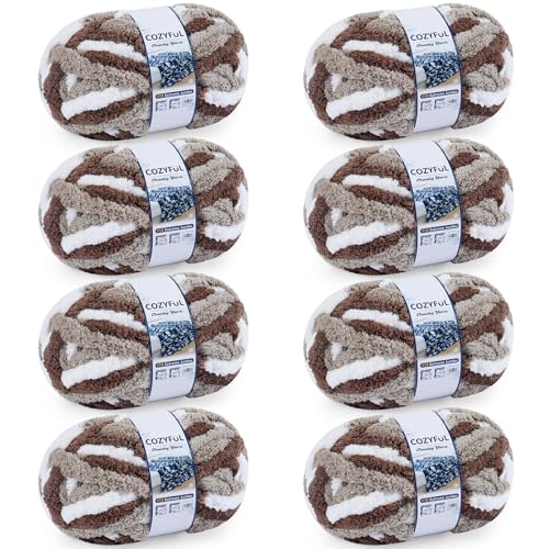 Image of Cozyful Chunky Yarn for Hand Knitting - #10 Chunky Chenille Blanket Yarn, Jumbo Big Thick Chunky Yarns for Crocheting, Tie Dye Bulky Knit Yarns, 8 Skein (20 yds 8 oz Each Skein), Multi Coffee & White