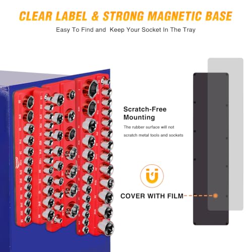 Image of GOOACC 3 PCS Magnetic Socket Organizer Set, Heavy Duty Socket Organizer Tray 1 /4 inch 3 /8 inch 1 /2 Inch SAE Impact Drive Sockets Holds 68, Magnetic Socket Holder for Tool Box Drawer Chest Garage Storage, Red