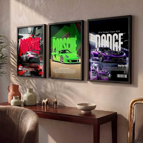 Image of HOTHOUSE Big Porsche 911 GT3, Porsche Carrera GT, Dodge Viper Cars Framed Posters Gift Items for Boys Room Wall Decoration Bedroom Living Room Office Studio Decor | Set Of 3 Size (13 X 17 inch)