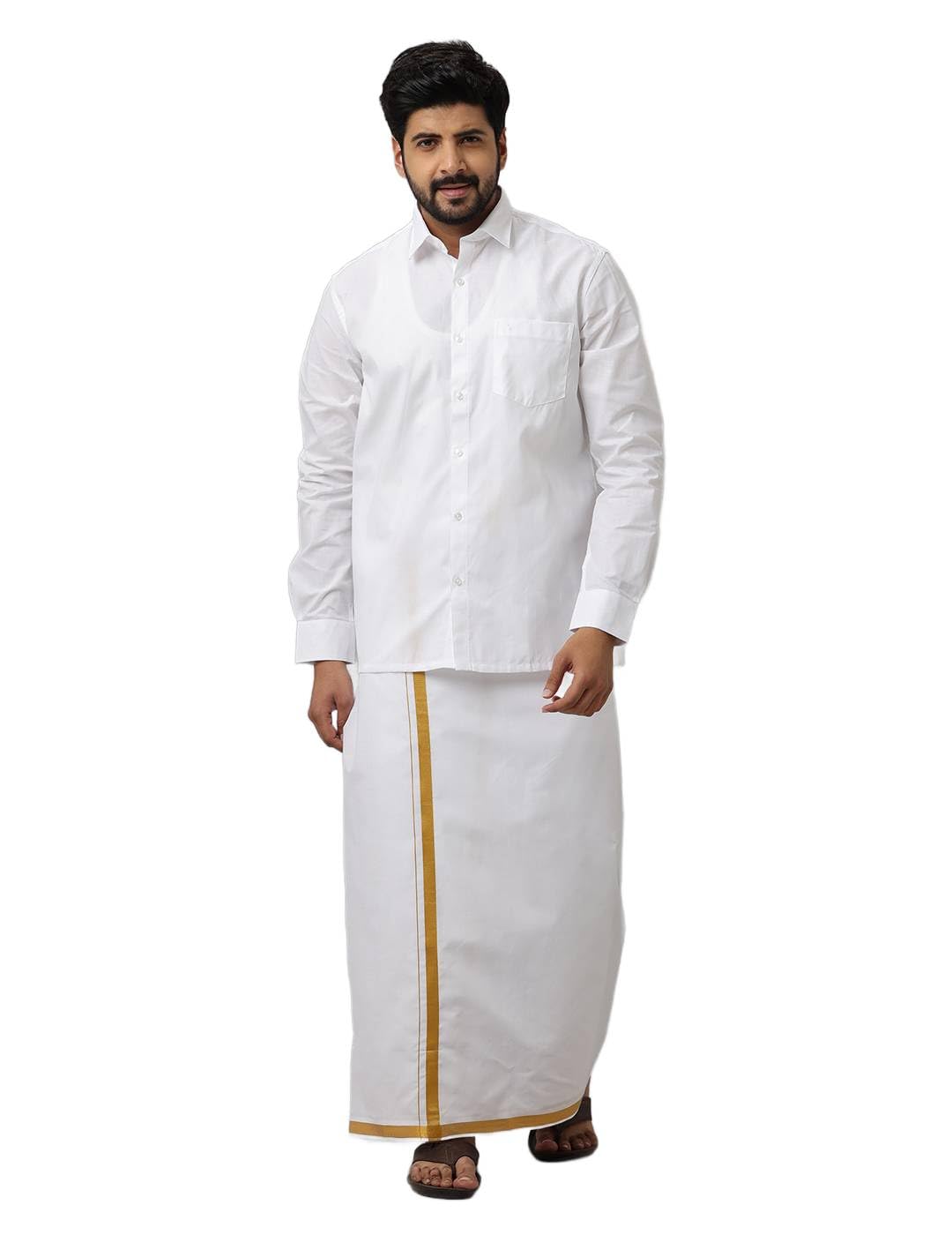 Men 100% Cotton Wedding Set White Shirt & Readymade Dhoti with Gold Jari Border-F38-image-14