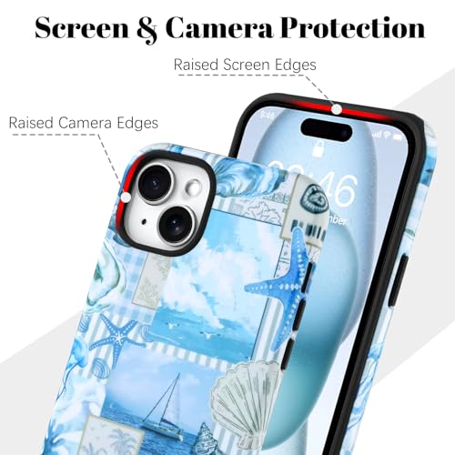 Image of Magnetic for iPhone 15 Plus Case [Compatible with Magsafe] Seashell Ocean Whale Collage Design, Full Body 2 in 1 Shockproof Scratch Resistant Protective Cover for Women Girl