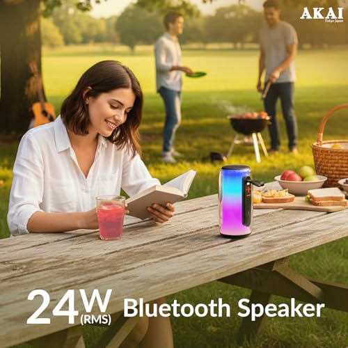 Image of AKAI BD-24 24W RMS Bluetooth Speaker with RGB Lights | Portable Wireless Speaker with TWS, USB, Aux, TF Card, 3600 mAh Battery, 2.5 Inch Driver, Type-C Charging, Up to 5 Hours Playtime (L21.5xW10xH10)