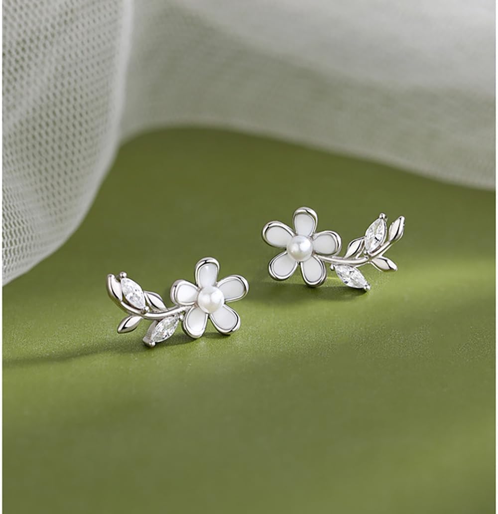 Reffeer Solid 925 Sterling Silver Flower Stud Earrings for Women Teen Girls CZ Leaf Post Stud Earrings Simualted Pearl Flower Studs - Image 4