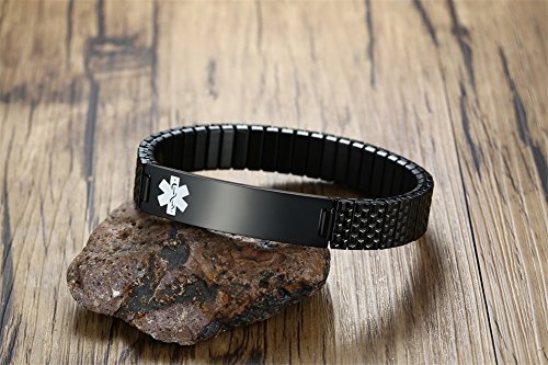 Mealguet Type 1 Diabetes Stainless Steel Black Medical Alert Id Stretch Allergy Medical Bracelet For Men Women #TOP3