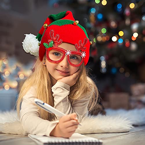 Christmas Elf Knitted Hat for Kids Xmas Baby Beanie Knit Hat and Christmas Glasses for Xmas Holiday Party for Children(1-6 Years) Green2
