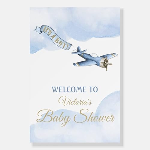 Miniatura 2 de Letrero de bienvenida personalizado con texto en inglés It's A Boy para baby shower, letrero de bienvenida al baby shower, avión, decoración neutral