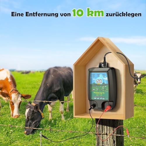 Elektrozaungerät 12KV, Weidezaungerät mit LCD-Anzeige, Elektrischer Schäferhund, 10 KM Reichweite, 2 Joule Ausgang, Wasserdicht für Nutztiere, Haustiere, Gärten und Obstplantagen