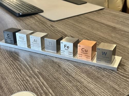 Image of 1.5 inch Element Cube Set - 7 Pure Metal Density Cubes with Engraved Atomic Data - Precision Machined Science Specimens + Display Stand - Periodic Table Gift