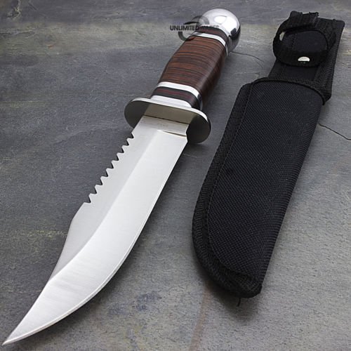 New SairusPlay 10" Cherry Wood Handle Hunting Knife w/Sheath Bowie Survival Skinning Blade