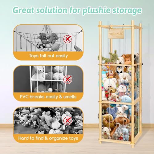 حامل خشبي لتخزين الحيوانات المحشوة من سوبريوتس، حامل منظم من القطيفة مع حبال مرنة ورف لغرف الاطفال وغرف اللعب وغرف النوم، مثالي كهدية عيد ميلاد