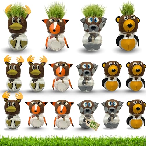 Bada Bing 16er Set DIY Tier Graskopf inkl. Wasserbehälter Waldtiere, Bär, Fuchs, Elch und Bieber Tierkopf mit Rasensamen Experiment für Kinder, Spaß mit Lerneffekt Geschenk zu Ostern Kindergeburtstag