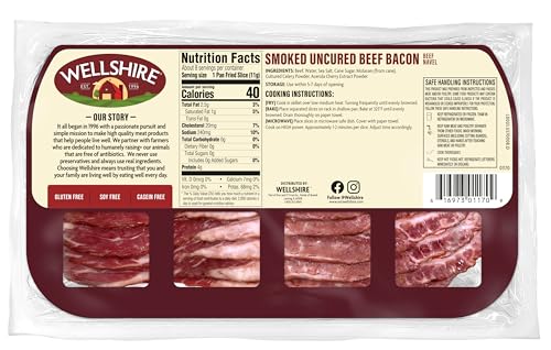 Image of Wellshire Farms 8oz Uncured Smoked Beef Bacon - Made from Pasture-Raised Beef with No Antibiotics or Added Hormones, Bold Flavor and Ready to Serve