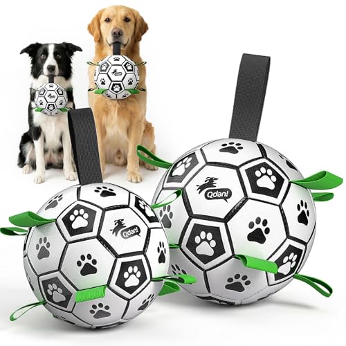 Image of QDAN 2 PCS Dog Toys Soccer Ball Set with Straps, Interactive Dog Toys for Tug of War, Puppy Birthday Gifts, Dog Water Toy, Durable Dog Balls for Medium & Large Dogs(6 & 8 Inch)