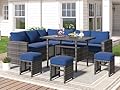U-MAX 7 Pieces Patio Furniture Set, Outdoor Sectional Sofa Conversation Set, All Weather Wicker Rattan Dining Table & Chair with Ottoman, Grey Rattan&Blue Cushion