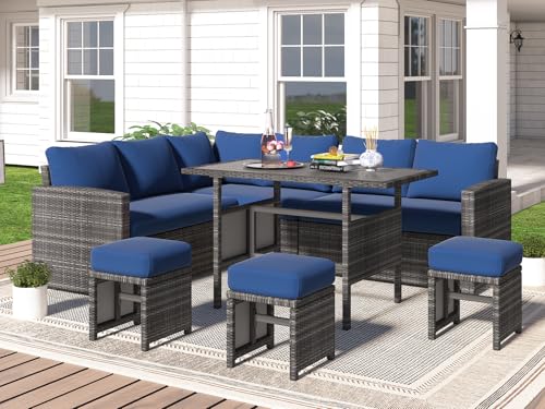 7 Piece Wicker Outdoor Dining Set for Stylish Backyard Entertaining 8 U-MAX 7 Pieces Patio Furniture Set, Outdoor Sectional Sofa Conversation Set, All Weather Wicker Rattan Dining Table & Chair with Ottoman, Grey Rattan&Blue Cushion