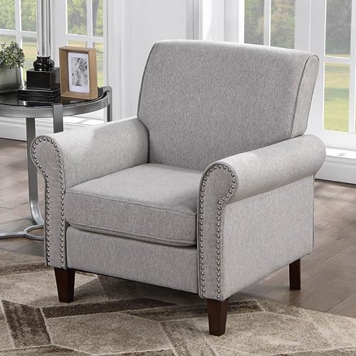 Prilinex Upholstered Living Room Chair Set of 4 - Large Comfy Fabric Accent Chair Single Sofa with Cushion, Rolled Armrest & Nailhead Trim, Mid Century Modern Armchair for Bedroom, Office, Grey - Image 3