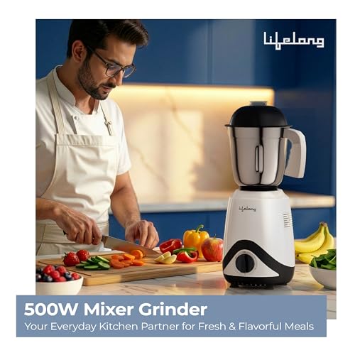 Image of Lifelong Power Pro VX 500W Mixer Grinder | 3 Versatile Stainless Steel Jars (1.5L, 0.85L, 0.4L) | SS Blades, 3 Speed Settings with Pulse | Mixie Blender for Smoothies, Fruit Juice & Purees (Black)