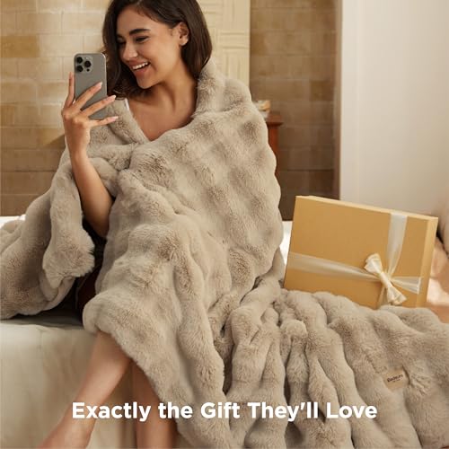 Image of Bedsure GentleSoft Fluffy Fuzzy Beige Throw Blanket for Bed, Soft Cozy Fleece Faux Fur Blanket for Couch, Beige Room Decor Coloring Bedding Sofa Cover, Thick Warm Plush Women Girls Birthday Gifts