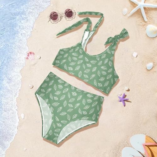 Leaves White Lines Girls Two Piece Tankini Swimsuits Summer Bathing Suit Beach Swimwear Set2