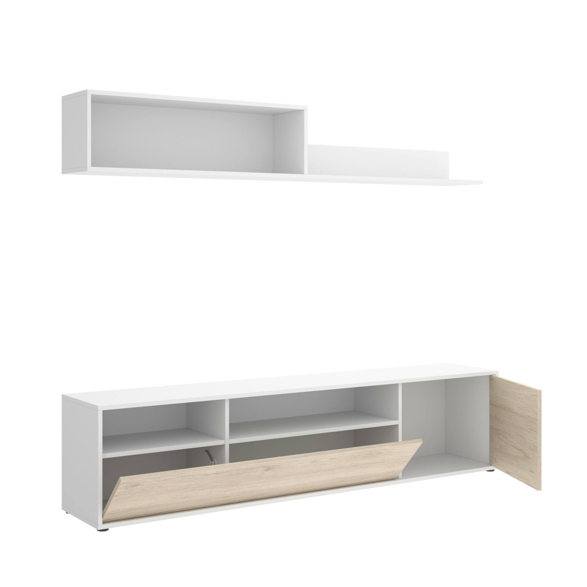 Dmora - Parete attrezzata Gabberi, Composizione soggiorno, Mobile salotto multiuso, Armadio porta TV, 180x35 h44 cm, Bianco e Rovere