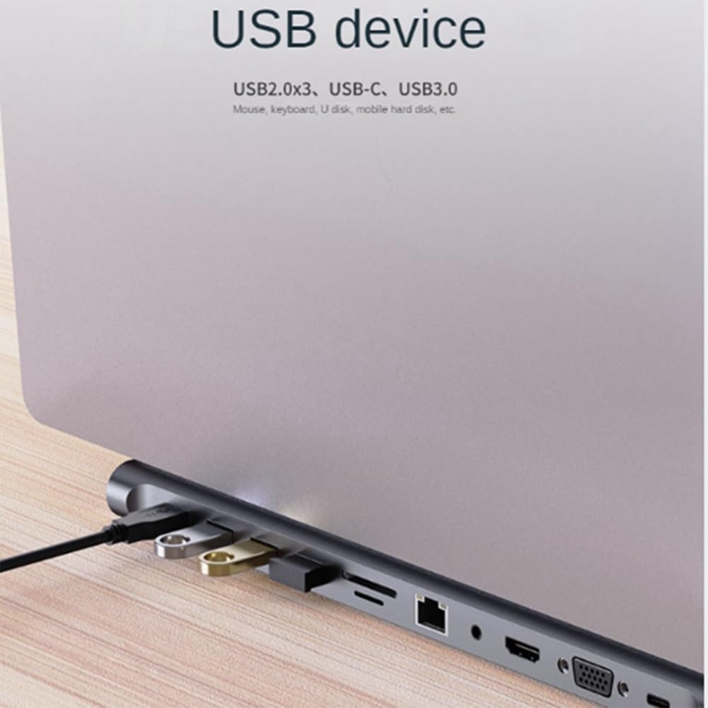 Stacja dokująca 11 w 1 typu C, koncentrator USB 3.0, rozdzielacz, adapter wieloportowy, 4K, kompatybilna z RJ45, SD/TF, VGA, PD, Audio, podstawka pod laptopa