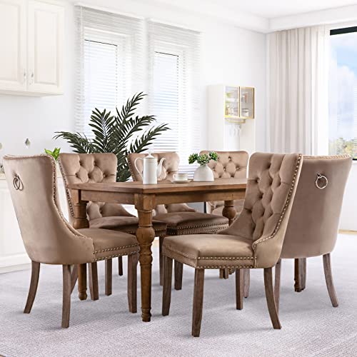 SoarFlash-Velvet-Dining-Chairs-Set-of-6-Tall-Back-Side-Chair-Modern-Upholstered-High-end-Tufted-Side-Chair-with-Button-Back-Ring-Solid-Wood-Legs-Khaki SoarFlash Velvet Dining Chairs Set of 6 Tall Back Side Chair Modern Upholstered High end Tufted Side Chair with Button Back Ring Solid Wood Legs Khaki