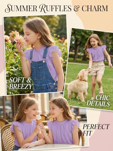 Image of Arshiner Girls Ruffle Short Sleeve Shirts Cute Summer Frill Neck Pleated Textured Blouse Tops