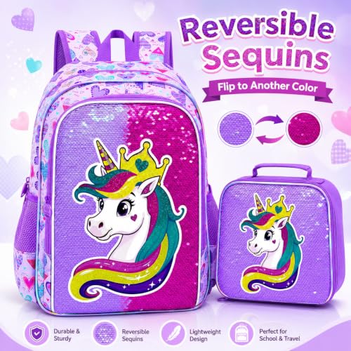Image of 3Pcs Unicorn Backpack for Girls, 16 inch Sequin Bookbag Set for Kids, Elementary Preschool Preschool School Backpacks with Lunch Box (Purple)